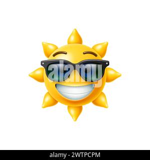 3D-Sonnenemoji, kühles Gelb, sonniger Charakter in Sonnenbrille. Sonne realistische Persönlichkeit, Sommer Sonnenlicht isolierte Vektorcharakter oder heißes Wetter lustige masco Stock Vektor