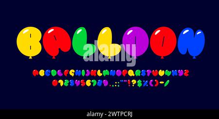 Ballonschrift, Bubble Schriftart, Geburtstagsfeier, festliches Karneval englisches Alphabet. Lustige Schriftart, kindliches lateinisches Alphabet Cartoonvektorblatt Stock Vektor