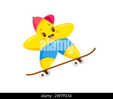 Cartoon Kawaii Star Kid Charakter auf Skateboard, glücklich lächelnde Emoji, Vektor Emoticon. Kinder-Kawaii-Star in Cap und Shorts, die im Sommer Skateboard fahren Stock Vektor