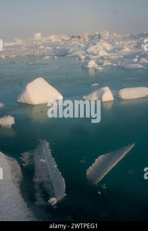 Meereslandschaft mit rauem Packeis über dem Chukchi-Meer im Frühling, vor der Küste des arktischen Dorfes Utqiagvik, arktisches Alaska Stockfoto