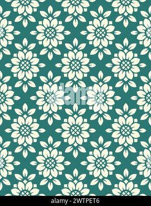 Nahtloses Vektormuster. Fliesen im Retro-Stil mit Sonnenblumen. Stilisierte Blume im geometrischen Rautenmuster für Tapeten und Textilien Stock Vektor
