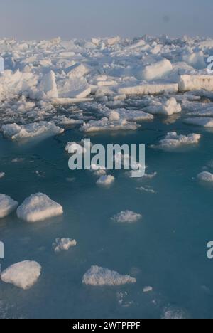 Meereslandschaft mit rauem Packeis über dem Chukchi-Meer im Frühling, vor der Küste des arktischen Dorfes Utqiagvik, arktisches Alaska Stockfoto