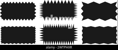 Gezacktes Rechteck. Eine Gruppe von ungleichmäßigen rechteckigen Zickzack-Formen. Schwarze Farbe. Isolierte Elemente für die Gestaltung von Textfeld, Schaltfläche, Abzeichen, Banner, Tag, Aufkleber Stock Vektor