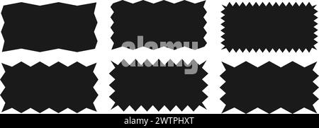 Zickzack-Rechteck. Ein Satz von ungleichmäßigen rechteckigen Zickzack-Formen. Schwarze Farbe. Isolierte Elemente für die Gestaltung von Textfeld, Schaltfläche, Abzeichen, Banner, Tag, Aufkleber Stock Vektor