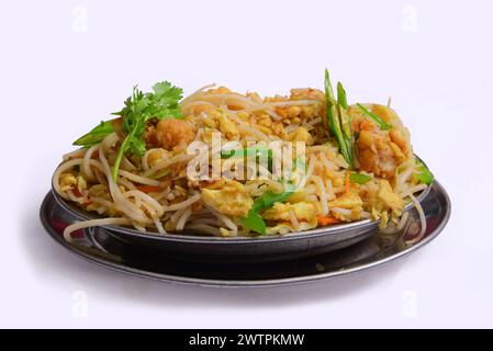 Hühnchennudeln sind eine köstliche, geschmackvolle Mahlzeit mit gebratenen Nudeln, Hühnchen, Gemüse und Saucen garniert mit Koriander auf einem Teller. Stockfoto