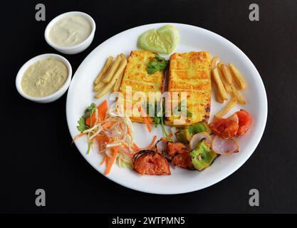 Gegrillter Paneer wird hergestellt, indem der Hüttenkäse in einer kräftigen Masala-Paste mariniert wird. Serviert auf einem weißen Teller mit Salat und Pommes frites. Stockfoto