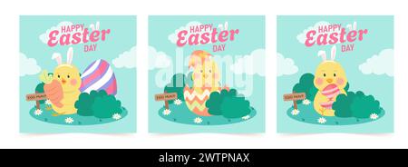 Happy Easter Set mit Grußkarten, Postern, Weihnachtsbezügen. Trendiges Design mit Typografie, Mädchen, Punkten, Eiern und Häschen in Pastelltönen. Vektor Stock Vektor