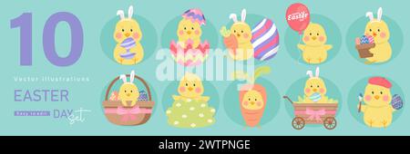 Frohe Ostern Set. Designs für die Frühlingsferien. Herzliche Glückwünsche mit bemalten ostereiern, Kaninchen, Hasen, festlichen Kuchen. Farbiger flacher Vektor Stock Vektor