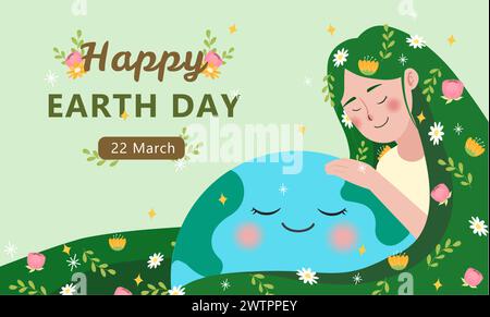 Happy Mother Earth Day - Vektor Planet Erde und schöne Mutter mit Blume. Grafisches Design mit Schriftzügen. Schöne Illustration. Tag Der Erde Stock Vektor