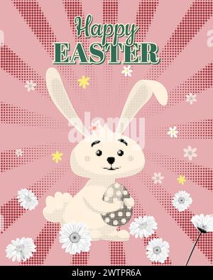 Happy Easter Poster Eierjagd, weißes süßes Häschen mit farbigen Eiern Stock Vektor