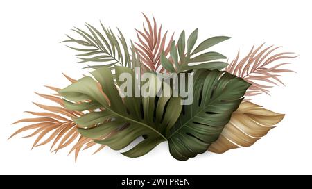 Moderne grüne und goldene Palmblätter und Blumen auf transparentem Hintergrund. Abstraktes Tropic für Banner. Heller tropischer Hintergrund mit Dschungelpflanzen Stock Vektor