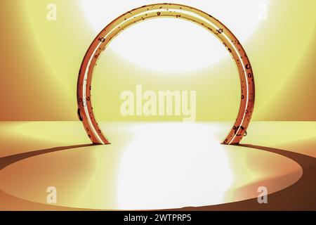 Eleganter Produktständer. Podium mit halbkreisförmigem goldenem Bogen. Perfekte Produktpräsentation. Geeignet für Ausstellungen, Verkaufsflächen und Stockfoto