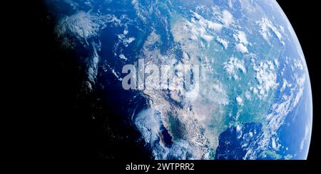 Der Planet Erde erstrahlt vor dem Hintergrund des Weltraums und offenbart eine lebendige Mischung aus blauen Ozeanen, grünen Ländern und wirbelnden Wolken. testament zur Welt natura Stockfoto