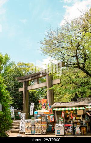 Tokio, Japan - 12. April 2023: Ueno Park Toshogu Schrein Torii Tor und Geschäft Stockfoto