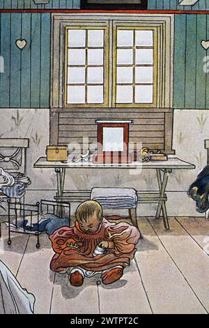 Porträt eines auf dem Boden sitzenden Babys von Carl Larsson, 1890er Jahre, schwedische Kunst Stockfoto