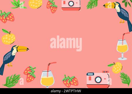Sommer Hand gezeichnet rosa Hintergrund mit Strandrahmen. Vektor-Illustration von Beach Cocktail, tropischen Vogel Tukan und Kamera. Stock Vektor