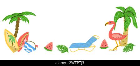 Sommer handgezeichneter Hintergrund mit Strandelementen. Vektor-Illustration von Strandstuhl, Wassermelone, tropischen Blättern, Palme, Flamingo. Stock Vektor