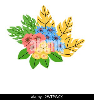Tropisches Bouquet – Sommerblume mit Blättern. Vektorabbildung kann für Grußkarte und Banner verwendet werden. Exotische Blumen in Brasilien. Stock Vektor