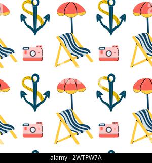 Niedliches nahtloses Muster am Meeresstrand mit Sommerelementen. Vektor-Illustration des Liegestuhls und Ankers, Kamera und Schirmhintergrund. Kann für Kinder verwendet werden Stock Vektor