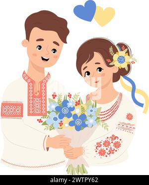 Glückliche ukrainische Paare. Süßer Mann und Frau in traditioneller nationaler Kleidung, gesticktes Hemd Vyshyvanka mit Blumenstrauß und gelb-blauem h Stock Vektor