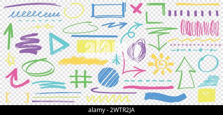 Set aus handgezeichnetem farbenfrohem Textmarker. Markierungen unterstreichen Konturen, Marken, Streifen, Pfeile, Kreise und Kritzeleien auf transparentem Hintergrund. Designelemente für Vektor-Pinsel Stock Vektor