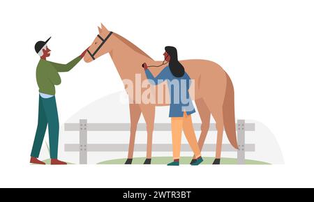 Pferdetier beim Tierarzt. Haustierarzt Klinik, Tieruntersuchung Routine Karikaturvektor Illustration Stock Vektor