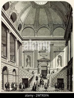 Innenblick auf einen großen neoklassizistischen Saal mit Kuppeldecke und Marmortreppen, voller Figuren in Kleid aus dem 18. Jahrhundert. Magazin Pittoresque 1852. Stockfoto