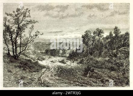 Alte Sicht auf den Wald von Fontainebleau, Frankreich. Erstellt von Francais nach pron, veröffentlicht auf Magasin Pittoresque, Paris, 1852 Stockfoto