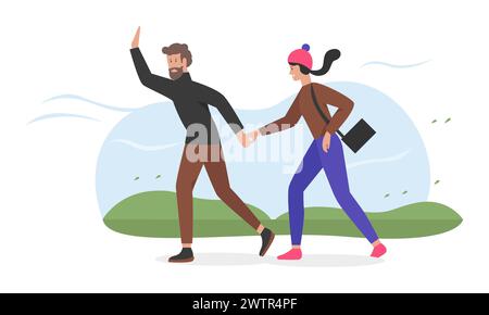 Ein paar spazieren an windigen Herbsttagen. Paar Spaziergänge in der Herbstsaison Cartoon Vektor Illustration Stock Vektor