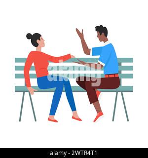 Ein Paar sitzt auf einer Bank. Romantisches Datum im Freien, entspannende draußen Karikaturvektor-Illustration Stock Vektor