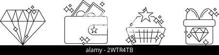 Exklusive Vorteile Icon Kollektion. Diamant- und Geschenkbox, Portemonnaie, Einkaufswagen-Symbole Set. Stock Vektor