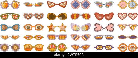 Retro Groovy Sonnenbrillen Kollektion mit verschiedenen Mustern. 1970er Jahre Vibe Set Stock Vektor