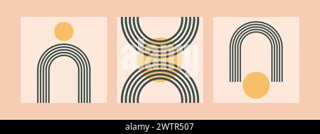 Minimalistische geometrische Zen-Bogen-Sammlung mit quadratischen Post-Social-Media-Elementen. Abstrakte Boho-Formen in Retro-Ästhetik für vielseitige Designanwendungen. Vektordecke Stock Vektor