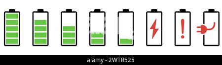 Satz von Vektorsymbolen zum Aufladen der Batterie. Symbole für den Akkustand. Akkustandsanzeige. Symbol für Schnellladung. Stock Vektor