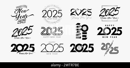 Mega-Logosatz 2025 Happy New Year Textdesign. Happy New Year 2025, Geschäftskonzept für Grußkarte oder Kalenderumschlag. Vektorabbildung Stock Vektor