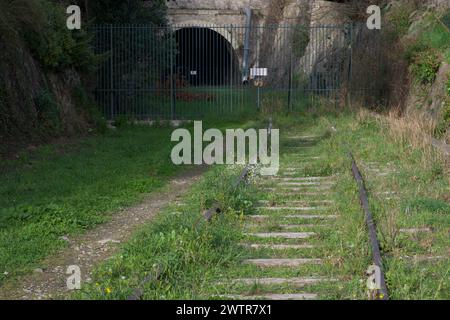 Eine stillgelegte Eisenbahnlinie, die zu einem Tunnel in Arles France führt Stockfoto