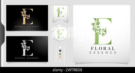Illustration des Buchstaben E Logotyps Blumenessenz oder Kräuteressenz symbolisch mit isolierten schwarz-weißen Hintergründen, anwendbar für Salon und Spa Stock Vektor