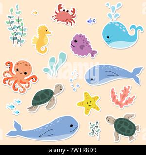 Niedliche Zeichentrick-Unterwassertiere-Aufkleber-Pack. Handgezeichnete SEA LIFE-Elemente zum Drucken, Poster, Karte, Kleidung. Stock Vektor