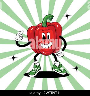 Lustige rote Pfefferfigur im Retro-Groove-Stil Stock Vektor