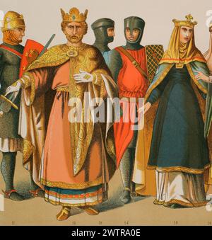 Normans, 1000-1100. Von links nach rechts: König Richard I. von England (1157–1199), Ritter und Königin. Chromolithographie. "Historia Universal", von César Cantú. Volumen V, 1884. Stockfoto