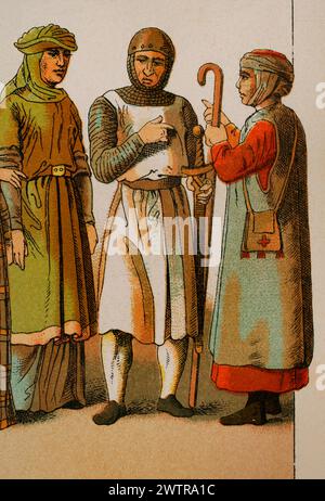 Geschichte Frankreichs, 1100. Von links nach rechts: Edle Dame, Kriegerin und Pilger. Chromolithographie. "Historia Universal", von César Cantú. Volumen V, 1884. Stockfoto