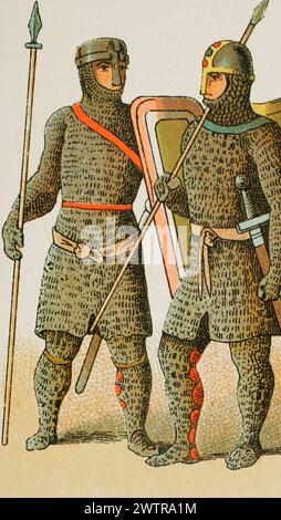 Heiliges Römisches Reich, 1000-1100. Krieger. Chromolithographie. "Historia Universal", von César Cantú. Volumen V, 1884. Stockfoto