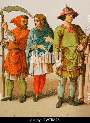 Geschichte Frankreichs, 1100. Von links nach rechts, 1-2: Pflüger, 3: Adlige. Chromolithographie. "Historia Universal", von César Cantú. Volumen V, 1884. Stockfoto