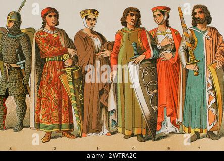 Heiliges Römisches Reich, 1000-1100. Von links nach rechts, 2: Krieger, 3-4-5-6-7: prinz, Prinzessin und Adlige des 12. Jahrhunderts. Chromolithographie. "Historia Universal", von César Cantú. Volumen V, 1884. Stockfoto