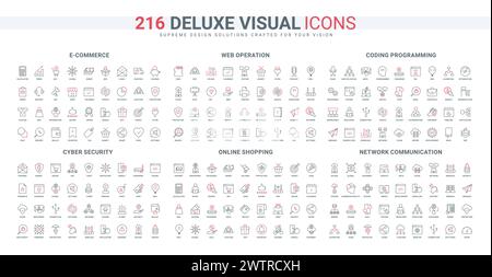 Cyber-Sicherheit von E-Commerce, Webservices und mobilen Apps, Algorithmen-Zeilensymbole festgelegt. Augmented Reality, Wachstum und Entwicklung von Netzwerken dünne schwarze und rote Umrisssymbole Vektorillustration Stock Vektor