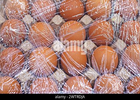 Hühnereier in Plastikfolie auf dem Ladentisch halten Stockfoto