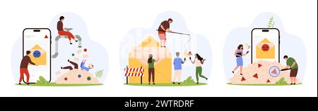 Spam-Überladung, Warnbenachrichtigung in der mobilen Mailbox-App, Bedrohung durch Phishing und Betrug. Winzige Leute schauen durch das Lupenglas, ertrinken an einem Haufen von betrügerischen Buchstaben Cartoonvektorillustration Stock Vektor