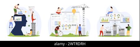 Backend-Entwicklung, Codierung, Software-Engineering und Programmierset. Winzige Leute bauen Programmcode mit Baukran und Glühbirne, Ingenieure überwachen Einstellungen Cartoon Vektor Illustration Stock Vektor