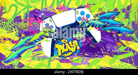 Joystick Oder Gamepad Hip Hop Graffiti Street Art Urban Gaming Style Vector Banner Stock Vektor