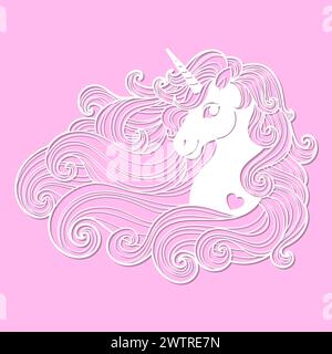 Einhornkopf mit langer Mähne. Schablone zum Laserschneiden von Papier, Holz, Karton, Metall. Für die Gestaltung von Grußkarten, Aufklebern, Innenelementen Stock Vektor